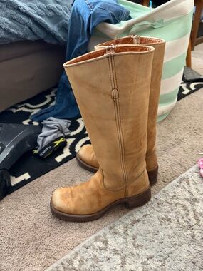 FRYE handcrafted Tall Tan Leather rugged Boots size 6 1/2 B